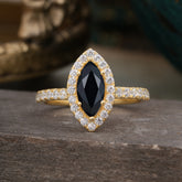 Classic Marquise Cut Black Onyx Halo Engagement Ring